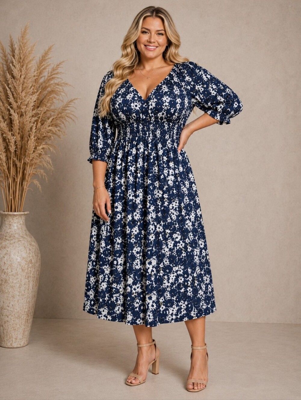 NWT! Terra & Sky Plus Size Midi Peasant Dress 2X 20W 22W Blue White Floral